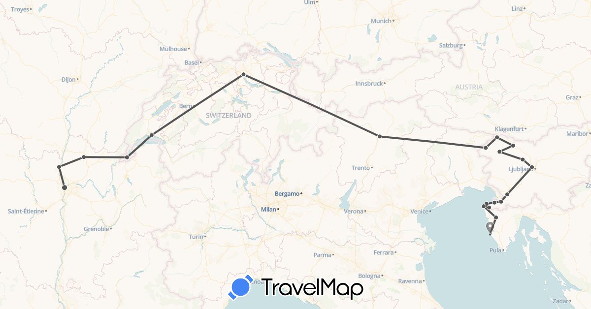 TravelMap itinerary: motorbike in Switzerland, France, Croatia, Italy, Slovenia (Europe)